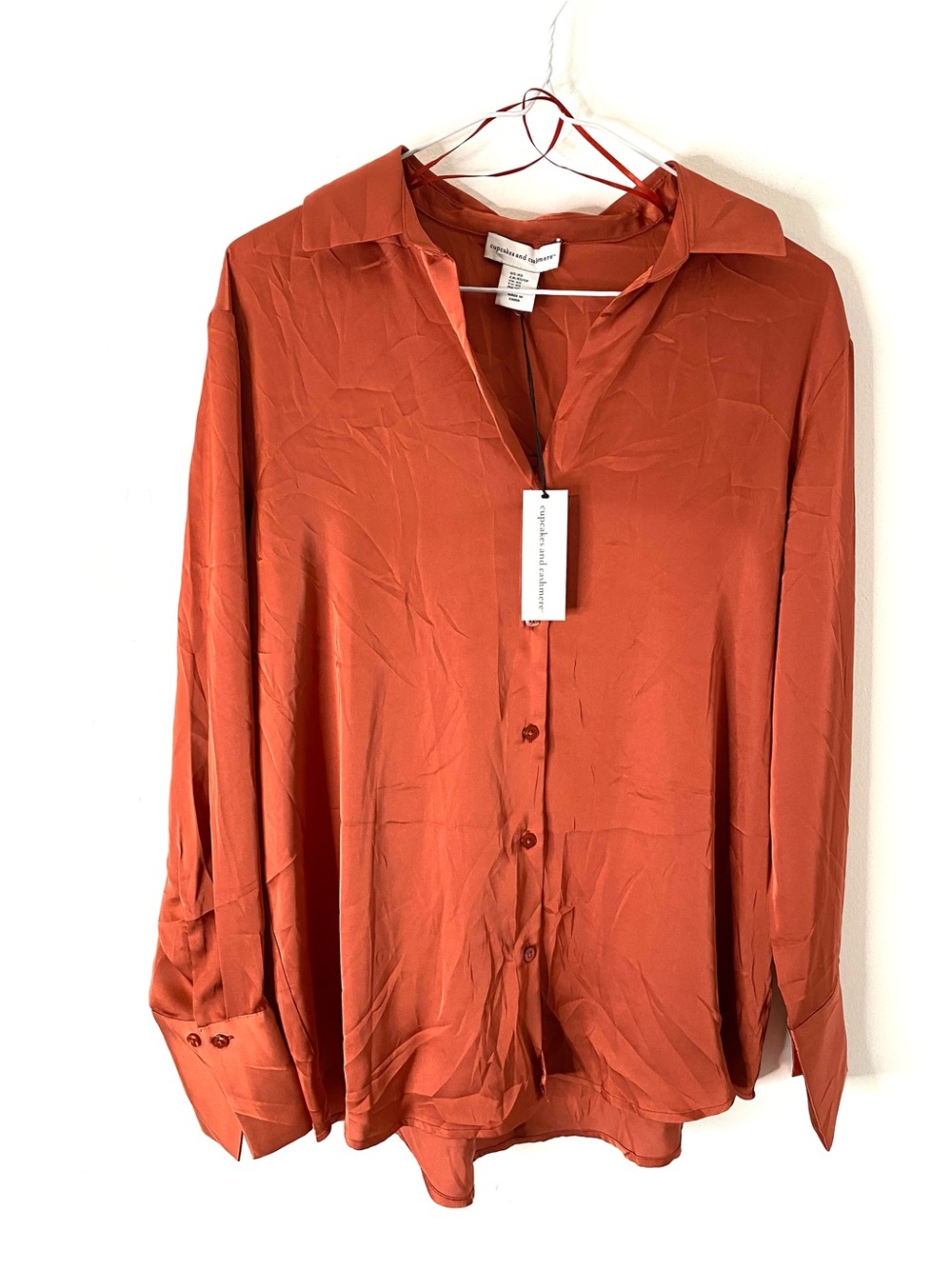 Cupcakes and Cashmere Rust Satin Button Front Blouse NWT Long Sleeve